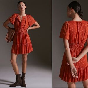 New Anthropologie Somerset Tiered Swiss Dot Terra Cota Rust Burnt Orange Dress